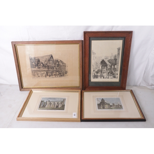 396 - Four framed etchings to include 2 x Glastonbury, West Somerset Stores, Taunton etc