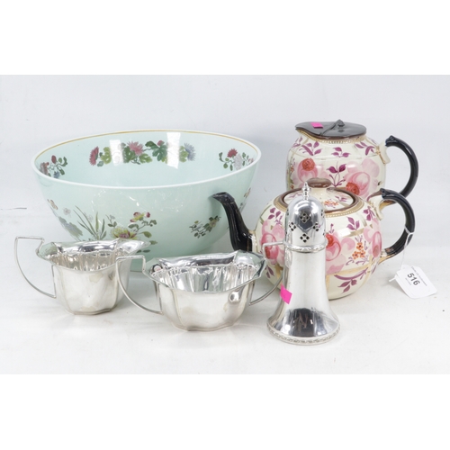 516 - Adams bowl, Gibsons? antique teapot similar jug, plated cream and sugar and a sugar castor.