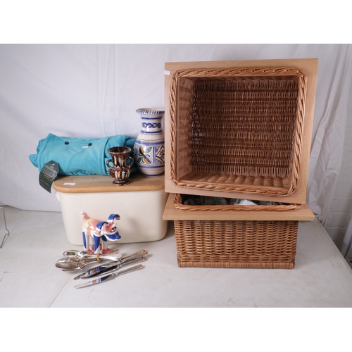 541 - Wooden topped ceramic bread bin, two wicker storage baskets, two waterproof backed outdoor rugs, Uni... 