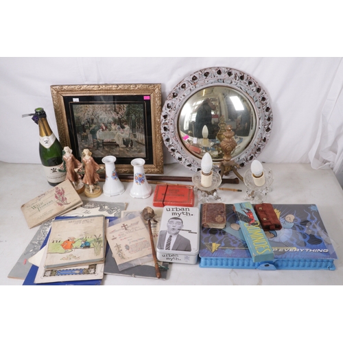543 - Carton of assorted items, including circular mirror, framed tinted victorian picture, light fitting,... 
