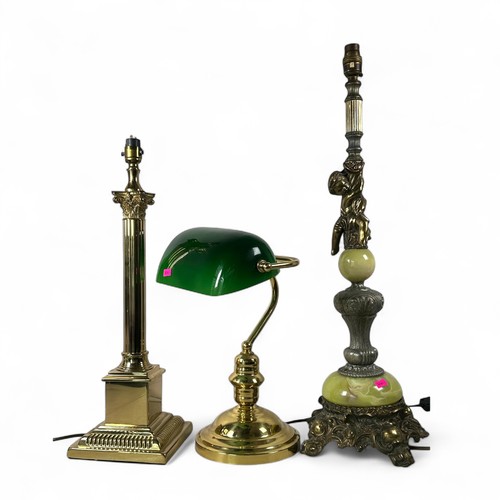 343 - Three lamps to include a corinithan column candlestick lamp, desk lamp and one other, trade/spares/r... 