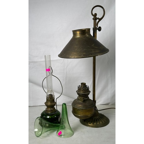 368 - Brass adjustable oil lamp converted to electric, two glass epernes and a green glass oil lamp with h... 