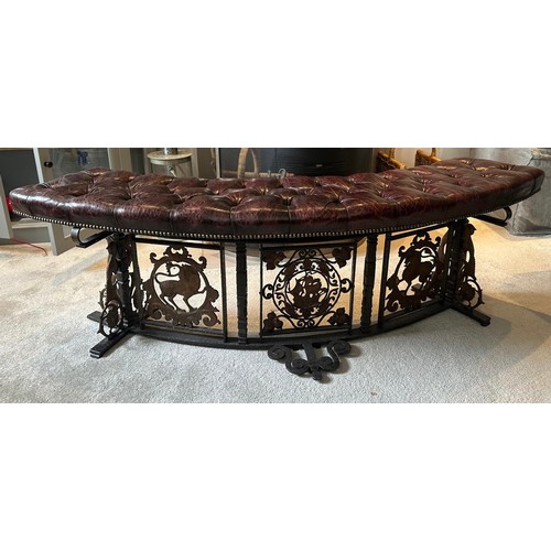 375 - Bronze and cast metal leather topped fireside seat