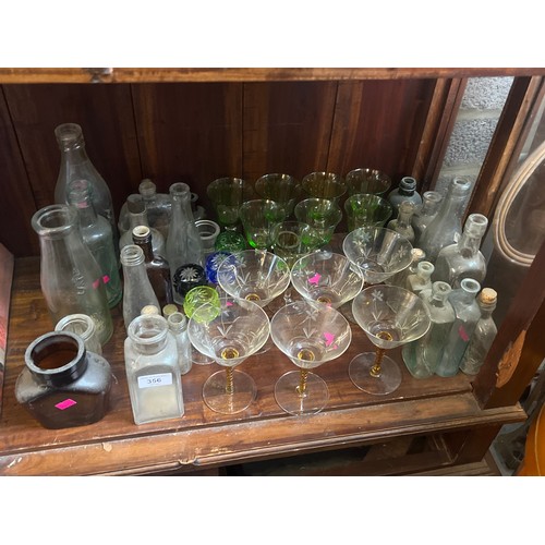 356 - Four small cut glass glasses, set of green decorative glasses and other glassware. Also a selection ... 