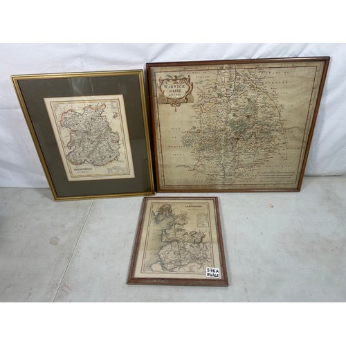 376A - Antique framed Robert Modern map of Warwickshire, Lancashire by Archer, Shropshire by Archer and Rut... 