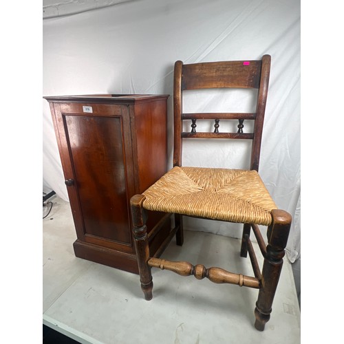 378 - Three antique country chairs together with a mahogany pot cupboard (missing marble top)