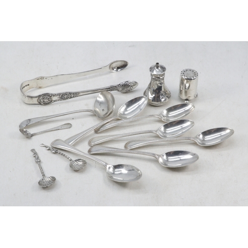 2 - Six silver hallmarked tea spoons, silver pepperette, silver tongs and other small items of silver (a... 