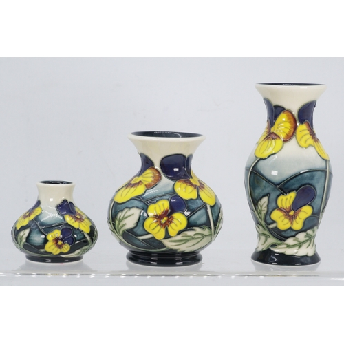 90 - Three Moorcroft decorative vases all Pansy parade with boxes.
