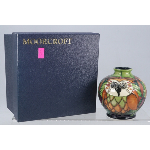 116 - A boxed Moorcroft Vase decorated with Owls signed N Slaney? to base dated 2009 (approx. height 12cm)