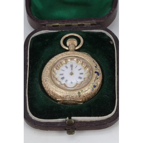 208 - Ladies continental 14ct Gold pocket watch, enamelled decoration has worn off.
