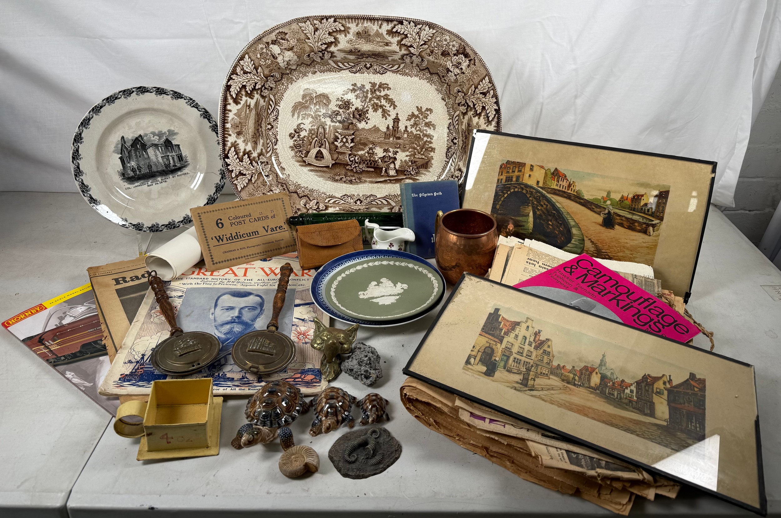 Assortment of sundries together with vintage papers, framed pictures ...