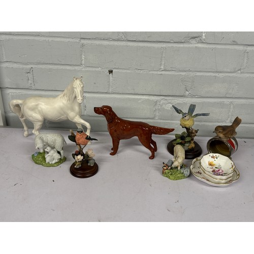 675 - Royal Doulton white horse together with Beswick? dog, country artists Chaffinch, Royal Doulton bird ... 
