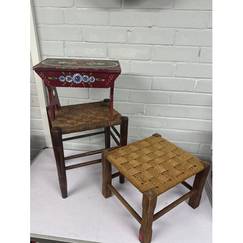 685 - Two footstools together with a hand painted barge style shoe polish box