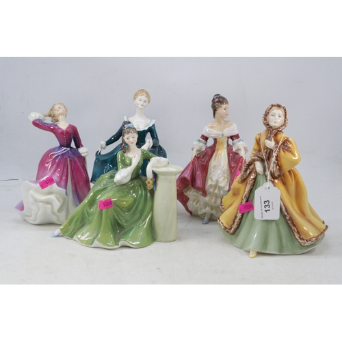 133 - Five Royal Doulton figurines, Rachel HN2919, Janine HN2461, Melissa HN2467, Southern Belle HN2229 an... 