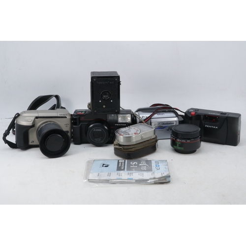 154 - A good quantity of cameras and accessories to include:- Kodak hawkeye ace/case/film circa 1927; Pent... 