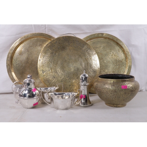 258A - Egyptian brass bowl, two wall plates and a gong, Also Silver plated Guernsey milk churn (miniature) ... 