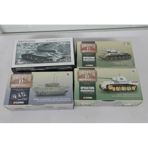 728 - Corgi WWII collection tanks CC60101, CC60203, CC51602, and Corgi Korean War US51601