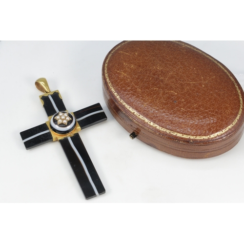 181 - Antique agate striped mourning cross set with seed pearls, vendor advises 15ct gold mounts