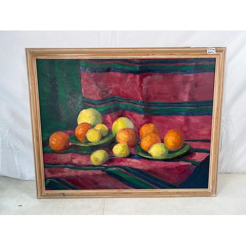 192 - Mid-century painting on board of fruit. (measures overall approx. 80cm x 65cm)