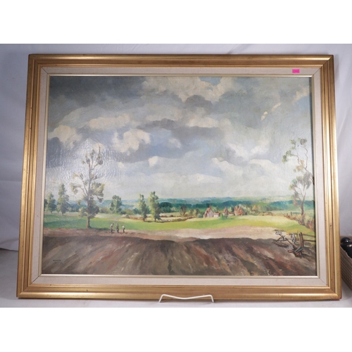 196 - Large oil painting by Kenneth Leak signed and dated 30, men hoeing in a field with moody sky.