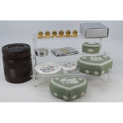 231 - Treen stinkwood tobacco jar with coasters, three Wedgwood trinket pots, Horchow menu holders, pocket... 