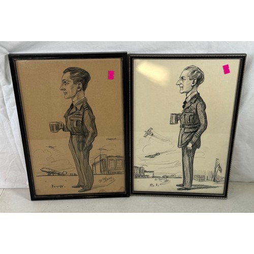 357 - Two framed Pat Rooney sketches one titled Jimmy, James Manning Wing Commander RAF last flight of the... 