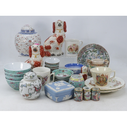 361 - Two Staffordshire spaniels, together with a small similar, commemorative china, oriental tea ware, g... 