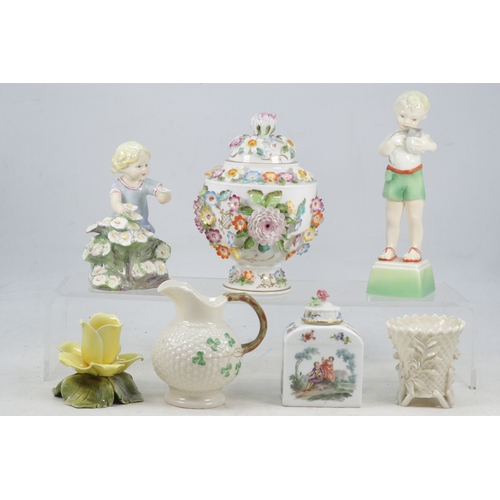 368 - Coalbrookdale by Coalport covered urn, together with Worcester figurine, Porcelain flask and cover (... 