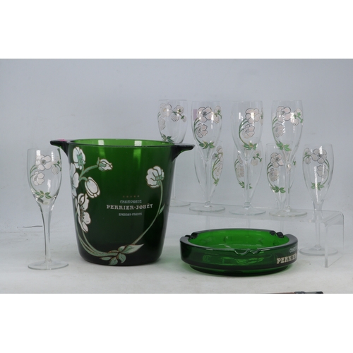 371 - Perrier-Jouet green glass champagne bucket with matching ashtray also with 9 flutes