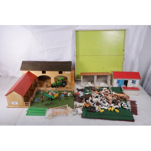 515 - Handmade Farm wooden playset together with a quantity of animals, tractor and accessories
