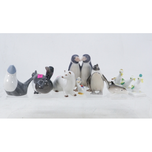 65 - Copenhagen penguin figurine, Bing Grondahl penguin, and other porcelain animals