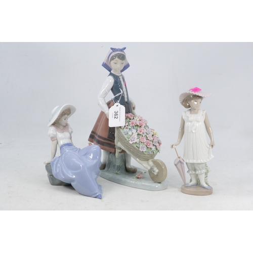 362 - Selection of Nao figures together with a Lladro girl push a Wheel barrow