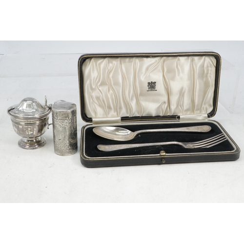 42B - Silver encapsulated scent bottle, on hinged lid together with a silver hallmarked mustard pot with l... 