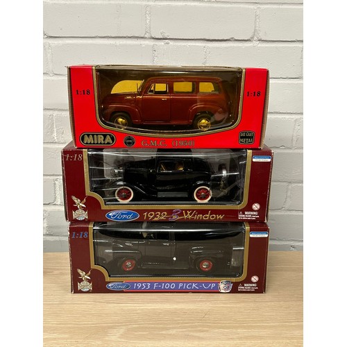 488 - 1:18 scale diecast Ford F100 pickup, 1932 three window and a golden line GMC