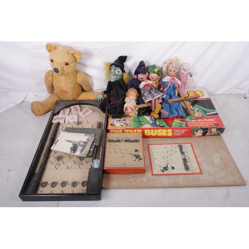311 - Vintage Pelham puppets, jointed teddy bear, Sindy doll, On the buses game etc, Wooden pinball style ... 