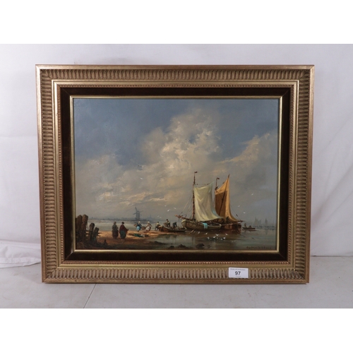97 - Goodrun Sibbons oil on board depicting a Dutch? coastal scene featuring fishing boats (approx. 40cm ... 