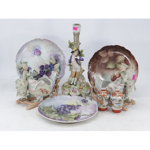 370 - A Dresden porcelain figural candlestick together with two sleighs and figures, three decorative plat... 