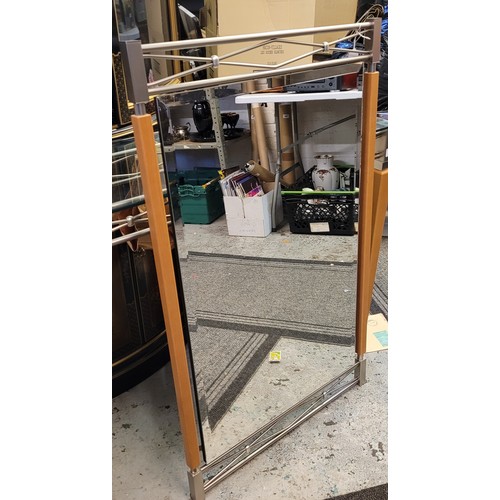 214 - A contemporary beech and metal console table with glass top and matching wall mirror