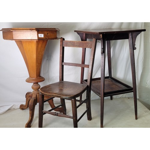 344 - Victorian sewing table, small Childs chair, satin walnut bedside cupboard, two tiered occasional tab... 