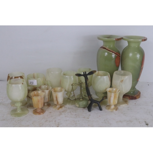 44 - Two tall Onyx vases, onyx goblets, small onyx scales, Giraffe figure etc