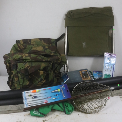 9 - Rucksack with fishing content, folding chair, keep net, fishing rods etc