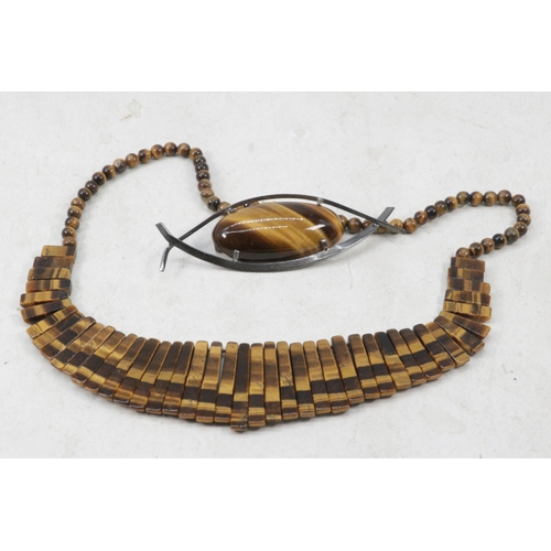 162 - Tigers eye necklace together with a brooch set in silver together with 14ct Gold earrings set with s... 