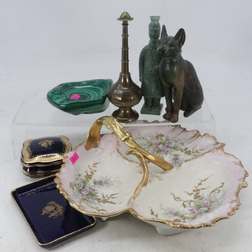 257 - Limoges dish, lidded trinket pot and a dish, malachite dish, Egyptian cat, soapstone terracotta warr... 
