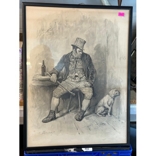 287 - Three framed Dickens prints, loose folio with 2 more together with Framed cigarette card, Trains of ... 