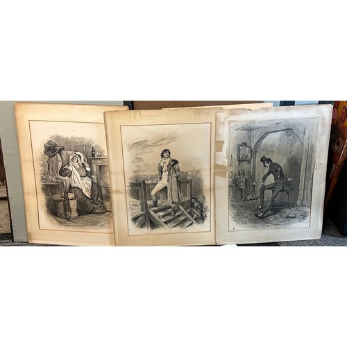 287 - Three framed Dickens prints, loose folio with 2 more together with Framed cigarette card, Trains of ... 