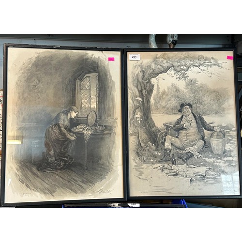 287 - Three framed Dickens prints, loose folio with 2 more together with Framed cigarette card, Trains of ... 