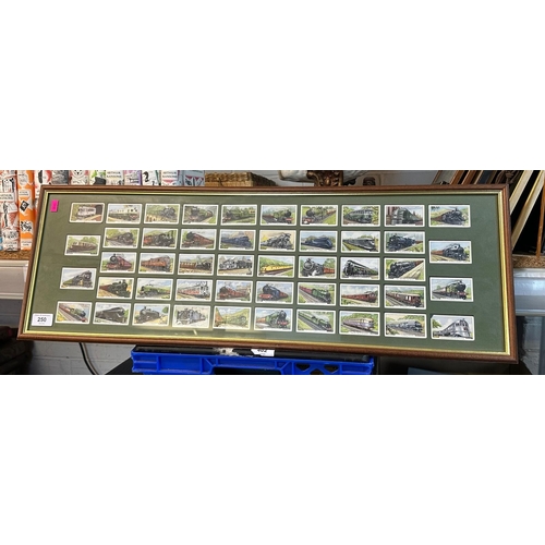 287 - Three framed Dickens prints, loose folio with 2 more together with Framed cigarette card, Trains of ... 