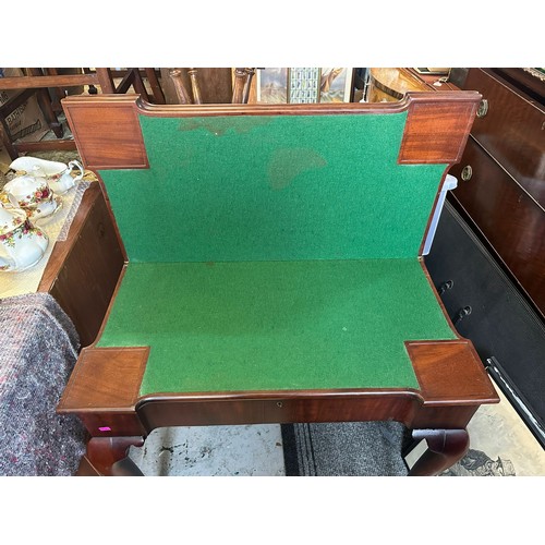 300 - Antique Mahogany triple fold over card . games table on cabriolet legs. ( one of the back legs looks... 