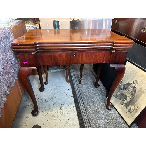 300 - Antique Mahogany triple fold over card . games table on cabriolet legs. ( one of the back legs looks... 