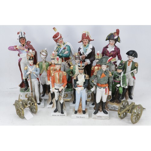 395 - Selection of Capodimonte military Napoleonic figures together with two small brass cannons